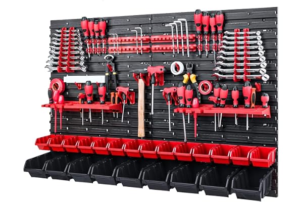 Paroi à outils, avec 23 boîtes de rangement rouges/noires, 1152 x 780 mm, système de rangement, kit de supports à outils, étagère murale, étagère d’atelier, paroi perforée, bacs à bec