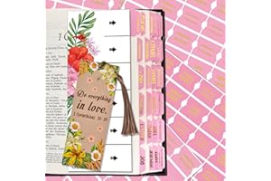 CUALFEC Bible Index Tabs New & Old Testament Tabs Matte Laminated Floral Design - 122 Pcs (Pink- Gold Foil)