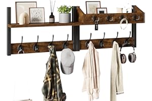 YMYNY Coat Hooks Wall Mounted with Shelf, 4 in 1 Coat Hooks and Key Holder for Wall, Wall Shelf with 12 Hooks & Mail Holder for Living Room, Bedroom, Rustic Brown, HWS007H-2