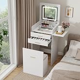 YU YUSING 3 in 1 Dressing Table with Folding Mirror, Dressing Table with | 2 Drawers Open Compartments, Adjustable Lighting,