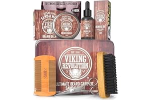 Viking Revolution Kit de Barba y Bigote Para Hombre - Juego Champú, Cepillo Cerdas de Jabalí, Peine de Madera, Bálsamo de Sándalo, Aceite, Tijeras