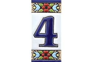 ART ESCUDELLERS Hausnummer. Schilder mit Zahlen und Nummern auf Keramikkachel. Handgemalte Kordeltechnik fuer Schilder mit Namen, Adressen und Wegweisern. Design FLORES MINI 7,3 cm x 3,5 cm (Nummer VIER "4").