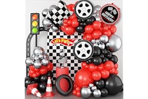 Adeyoo Race Car Balloons Arch Garland Kit - 102Pcs Red Black Silver Balloon Arch with Checkered Wheels Race Car Foil Balloons for Racing Themed Birthday Baby Shower Party Decorations