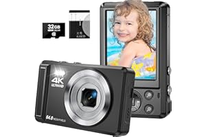ZMOQNG Digitalkamera, 4K 64MP Kompaktkamera Fotokamera mit 32GB Karte 16X Digitalzoom 2,4" großem Bildschirm Fotoapparat Digitalkamera für Kinder Einsteiger Teenager (Schwarz)
