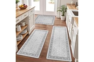 Pauwer Anti Fatigue Kitchen Mat Set of 3 Non Slip Kitchen Mats for Floor Cushioned Kitchen Rugs Comfort Standing Mat Farmhouse Waterproof PVC Foam Kitchen Floor Mat Runner, Light Grey
