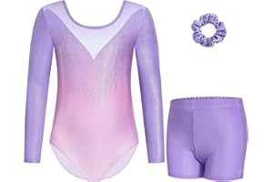 Gogokids, Completo da ginnastica bambina composto da tre pezzi, body senza maniche, pantaloncini e fascia per capelli, tuta danza classica scintillante, con design a colori sfumati, dai 3 ai 12 anni