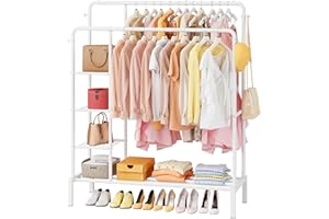 JOISCOPE Portant à Vêtements, Portant Vetement Solide Professionnel avec 2 Tringles de Suspension, 1 Organiseurs, 3 Étagères, 4 Crochets à Chapeau pour Vêtements, Chaussures, Sacs. Blanc