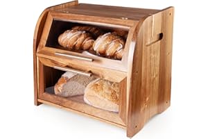 Apace Living Arise Stylish Acacia Bread Bin Box for Kitchen Countertop, Premium Extra Large 2-Shelf Wooden Bread Storage with Clear Windows and Air Vents Keeps Bread and Bagels Fresh, Self Assembly