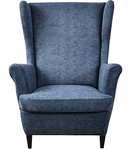 Lot De 2 Housse De Chaise à Oreilles 2 En 1 Velours Jacquard - Extensible Bleu Marine Pour Fauteuil