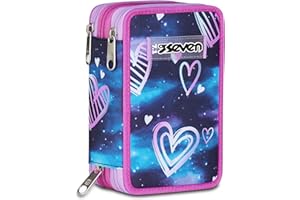 Seven Astuccio Scuola 3 Zip, Viola Fucsia, Portapenne Triplo Scomparto Completo Di Penne, Matite, Colori, Accessori Zaino, Scuola Elementare, Bambina