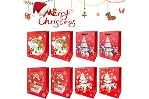 12pcs Sacs Cadeaux de Noël Grand Pochette cadeaux Noël, LISOPO Assortiment de Sacs Cadeaux de Noël Emballage Cadeaux de Noël Sacs en Papier avec Poignées de Ruban, Taille moyenne