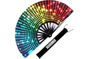 SOJOURNER BAGS Rainbow Fan,Pride Fan und Rave Fan,Großer faltbarer Fächer für Raves, Halloween, Burlesque, Drag Queen, Festival & Pride Outfits für Frauen & Festival Zubehör,Clack Fan Handfächer (Helle Lichter)
