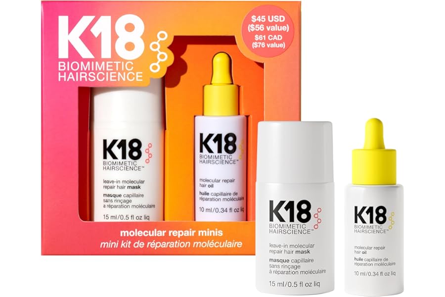 K18 Molecular Repair Minis Kit, Leave-In Molecular Hair Mask & Lightweight Repair Oil, Repairing Hair Duo to Strengthen & Smooth Frizz, For All Hair Types, Travel Size, 15ml & 10ml