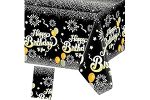 MEANJU Schwarz Gold Tischdecke Geburtstag,274×137cm Tischdecken Happy Birthday Deko, Party Tischdecke Wasserdicht,Geburtstag Tischdekorationen für Junge Mädchen,Geburtsta Party Dekoration