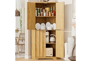 BROTTAR Corner Kitchen Cupboard, 68" Pantry Organizers and Storage, 4-Tier Fluted Kitchen Pantry Cabinet with 4 Doors & Shelves, Corner Storage Cabinet for Living Room, Dinning Room, Natural