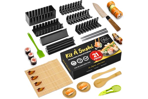Maison Abodo Kit Sushi Complet Premium avec Moules, Couteau, Tapis en Bambou et Accessoires – Sushi Maker, Sushi Kit et Maki Maison Authentiques – Idéal pour Couples et Familles