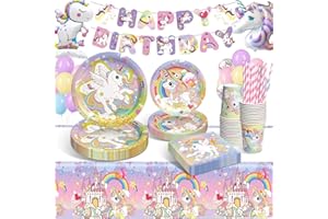 LAISLLA Einhorn Deko Kindergeburtstag, Einhorn Partygeschirr Set, Pappteller Kindergeburtstag mit Einhorn Luftballons Pappteller Tassen Servietten Tischdecke für Einhorn Geburtstagsdeko 16 Gäste