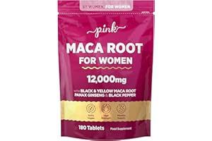 Maca Root Capsules for Women 12,000mg | Peruvian Maca Supplement | High Strength Black & Yellow Maca Root with Panax Ginseng and Black Pepper | Botanical Supplement to Support Women's Health | by PINK