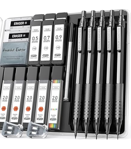 Four Candies 4 stuks metalen mechanische potloodset met etui, 0,5 mm en 0,7 mm, 8 buizen (480 stuks) HB loodlood, 3 gummen, 9 gumvullingen voor tekenen, tekenen, zwart en zilver