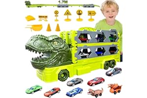 KUPITM6 Autotransporter Spielzeug für ab 3 Jahre, 170cm Transport Truck Spielzeugautos, Tragbarer Dino LKW Spielzeug mit 6 Rennwagen, 2 Dinosaurier Rückziehautos, Auto Transporter Kinder 3 4 5 6 7 8