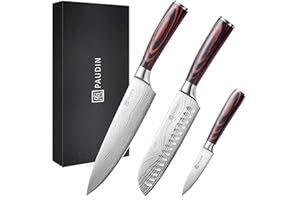 PAUDIN Chef Knife Set 3Pcs, Professional Kitchen Knife Set with High Carbon Stainless Steel, Sharp Chef Knives with 8 inche Chef Knife, 7 inch Santoku Knifes and 3.5 inch Fruit Knife
