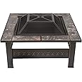 Pure Garden Fire Pit Set, Wood Burning Pit -Includes Screen, Cover and Log Poker- Great for Outdoor and Patio, 32 Inch” Marble Tile Square Firepit