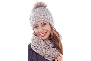 UNBEKANNT Bonnet tricoté & Loop avec grand ensemble de pompon en fourrure synthétique pour femme - Bonnet avec pompon en fourrure + écharpe tubulaire - Taille unique K3