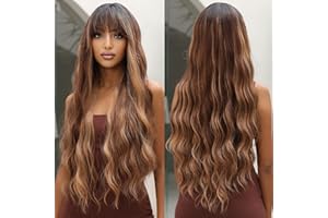 ALLBELL Lange Welle Braun Highlight Perücken mit Bangs für Frauen Synthetisches Haar Dunkle Wurzeln