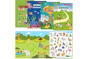 OWill 4 Pezzi Stickers Bambini Attacca Stacca,Adesivi per Bambini con Oceano,Dinosauri, Animali,Fattoria in Libro Stickers,Sticker Riutilizzabili 2 3 4 5 6 Anni Sticker Book Regalo
