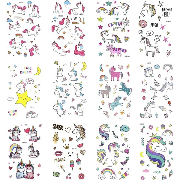 12 Blatt Glitzer Tattoos Für Kinder – über 100 Motive (Einhörner & Meerestiere), Wasserfest & Hautfreundlich
