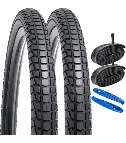 Pneus Slick YunSCM Lot De 2 60TPI 26 Pouces Pneus 26x2.125 ETRTO 57-559 Et Lot De 2 Chambres à Air 26x1.75/2.125 AV32mm Valve,Compatible 26x2.10 26x2.125 26x2.25 Bike Pneu Et Chambres à Air
