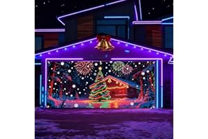 GENERIC UV Activated Christmas Garage Door Cover Banner, Glows in Dark 2d Flat Holiday Garage Door Covers with Cartoon Santa and Elf, Xmas Outdoor Indoor Party Decoration (Red B)