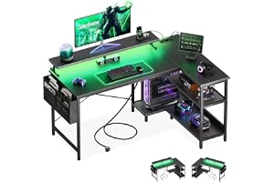 Coleshome Gamingbord L-Form med LED-belysning & Inbyggda Uttag, 120x80cm, Svart kolfiber