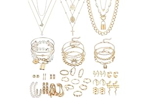 JeryWe 46 Stück Schmucksets für Damen mit 3 PCS Halskette 12 Stück Armbänder 9 Stk. Achsschenkel Ringe 10PCS Ear Cuff Ohrklemme Ohrringe und 12 Stk Vergoldete Ohrringe Schmuck-accessoires