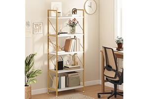 DWVO 5-stöckiges Bücherregal aus Holz und Metall, Aufbewahrungsorganizer, industrielles hohes Regal, Ausstellungsregal für Wohnzimmer, Küche, Schlafzimmer, Gold und Weiß