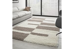 ‎CARPETTEX TEPPICH Carpettex Hochflor Teppich Wohnzimmer Shaggy Flokati Teppich Modern Kariert Design 100 x 200 cm Flur Teppich Läufer Beige - Teppich Bettvorleger Schlafzimmer Weich Flauschig Waschbar Küchenläufer