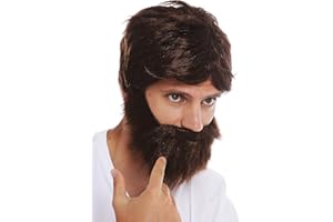 WIG ME UP- 31998-P4 Peluca y Barba Set Carnaval Hombres castaño Salvaje despeinado descuidado