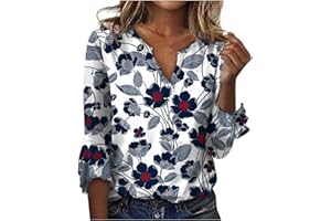 TOPASSION Tunic Tops for Women UK, 3/4 Flounce Sleeve V Neck Vintage Floral Printed Slim Fit Elegant Leggings Tops for Women UK Stylish Going Out Blouses for Women UK Elegant