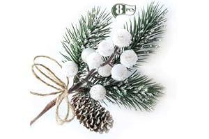 ‎FUTERLY FUTERLY 10 Stück Weihnachtsbeeren Tannenzapfen zum Basteln - Weihnachtsbaumspieße, immergrüne künstliche Tannenzweige, Stechpalmen-Stiel, Weihnachtsgirlande, Geschenkverpackung, Verzierung (weiß)