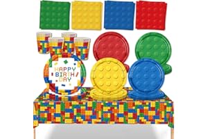 MORAINJAY 69 Pièces Vaisselles Anniversaire Kit pour Enfants à Thème Blocs Construction avec Assiettes Papier Tasses Serviettes Nappe,Idéal pour Cadeau d'Enfant,Baby Shower,Table Décoration 16 Invités