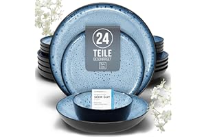 PURE LIVING INTERIOR DESIGN 24 Piece Dinnerware Sets for 6 - Stoneware Tableware Set - Bowl and Plate Set - Dinner Service 6 persons - Tableware Sets Pure Living Black Deep Blue