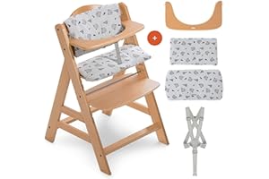 hauck Alpha Plus Set de Trona Evolutiva Madera con Cojín de Algodón de 2 Piezas, Tronas de Bebe Evolutiva con Arnés de 5 Puntos, Silla Bebe Comida - Natural/Nordic Grey
