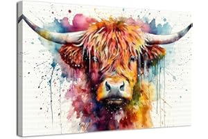 AIYISU Highland Cow Canvas Wall Art Watercolor Banksy Prints Pictures Graffiti Scottish Cow Wall Decor Colourful Farm Animal Pictures Painting Modern Artwork for Living Room Home Decorations 30x40cm