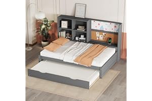 Gegtuon Schlafsofa Kinderbett 90x200 mit USB-Anschluss und Tafeln, Sofabett Daybett mit Ausziehbares Bett und Stauraum Regal, Einzelbett Tagesbett mit Lattenrost für Kinderzimmer, ohne Matratze (Grau)