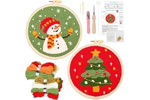 JSRQT 2 Set Kit di Ago da Punzonatura Natale, Punch Needle Ricamo Starter Kit per Adulti Bambini con Motivo di Albero di Natale e Pupazzo di Neve, Kit per Principianti di Ricamo con 2 Telaio da Ricamo