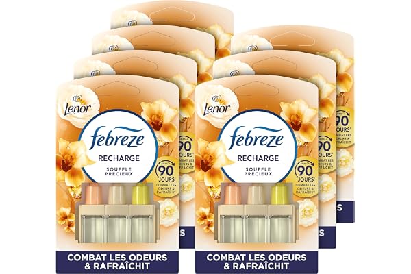 Febreze Désodorisant Électrique Recharges (7 Recharges de 20ml avec 3 Parfums en Alternance), Parfum Souffle Precieux, Combat les Odeurs et Rafraîchit Jusqu'à 90 Jours