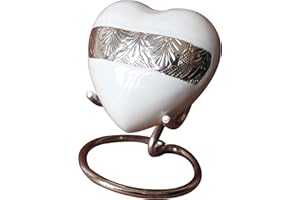 UrnsWithLove pequeña de Recuerdo para Cenizas con Tapa Mejorada, Mini urna Conmemorativa de corazón con Caja y Soporte, Color Blanco y Plateado, Medium