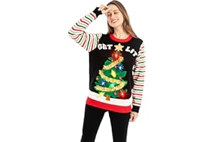 JOYIN Pull Moche de Noel Femme Pull Noel Famille Lumineux LED Pull Noël Moche Drole Hiver Chaud Col Rond Renne Sweat Arbre de Noël Rouge/Noir