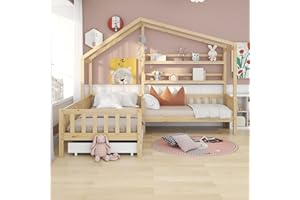 Trdlpyn Letto a Forma di Casa per 2 Bambini 90x200 cm E 140x70 cm, Letto Matrimoniale con Cassetti e Ripiani, Legno Massello con Rete e doghe, Struttura a L, per Ragazzi e Ragazze, Naturale