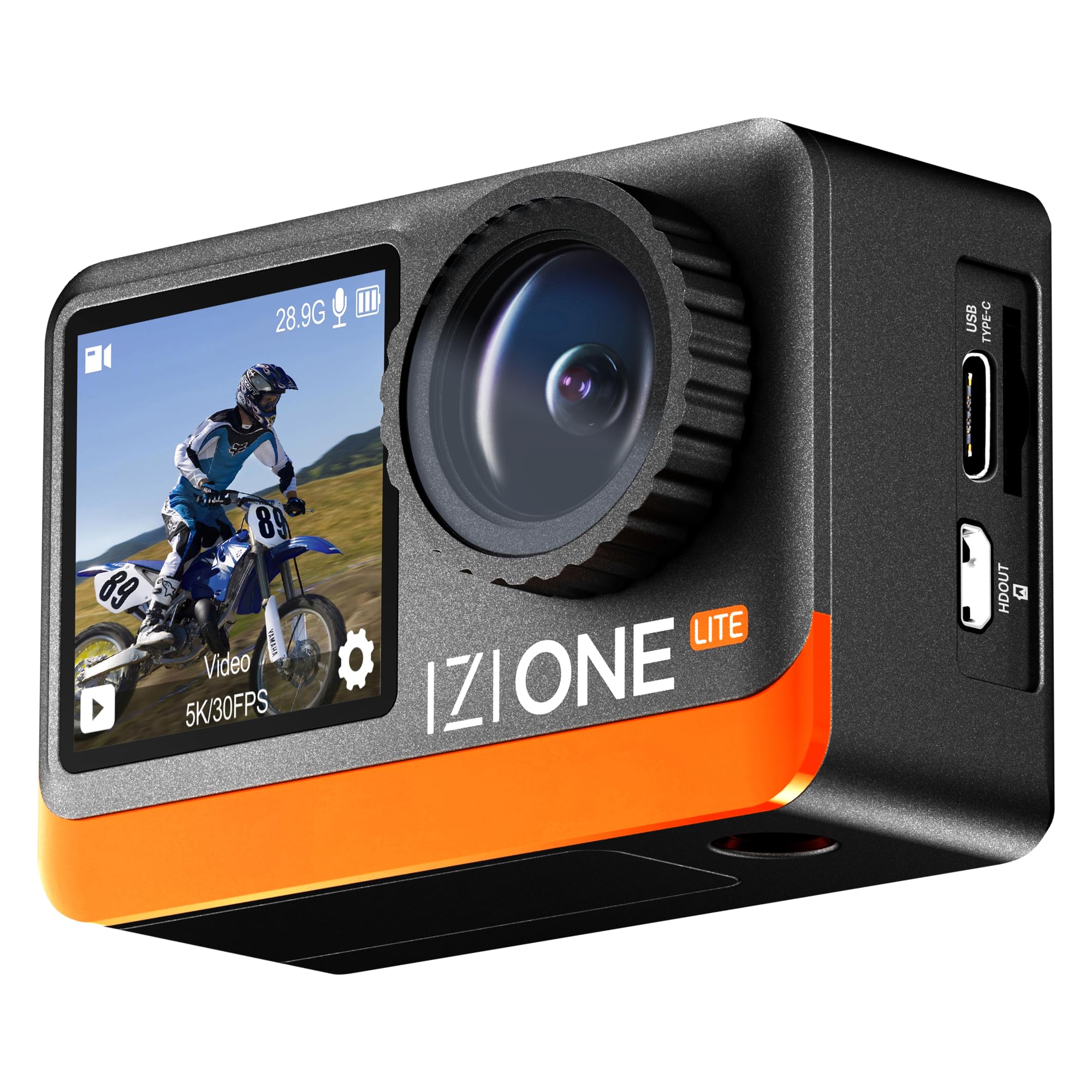 IZI One Lite 5K Action Camera - 4K 60FPS 50MP Ultra HD Action Cam, Dual Screen, EIS Stabilization, 170° Wide Angle, 30M Water